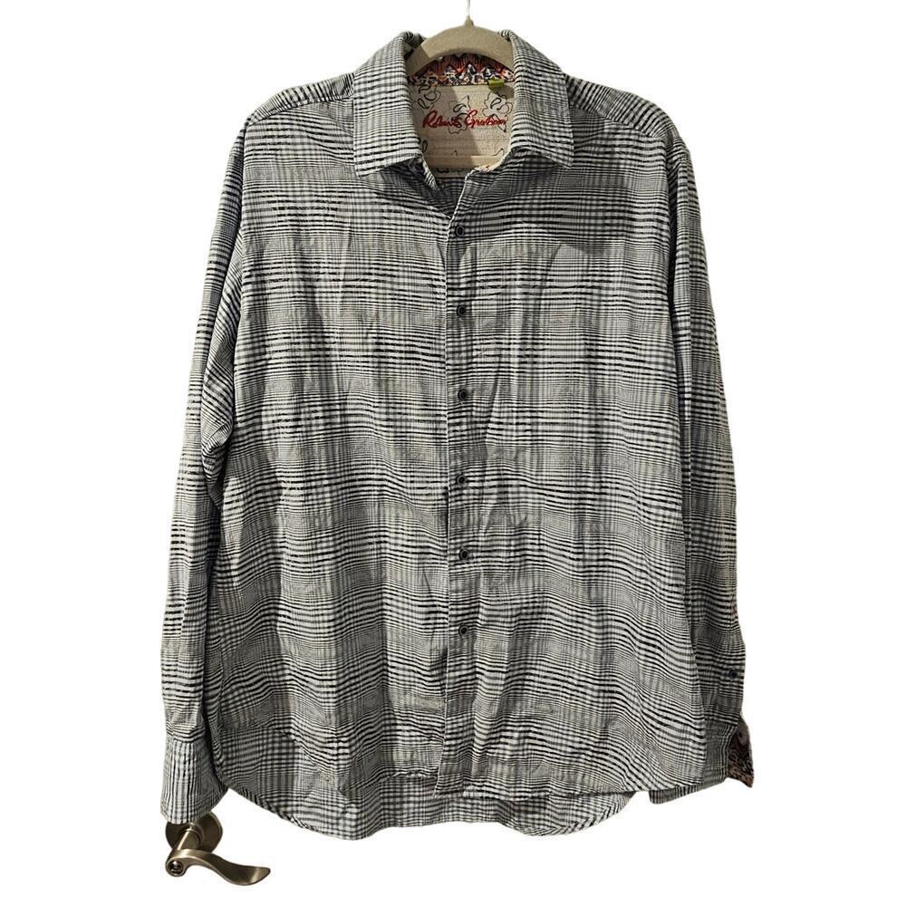 Robert Graham Men XL Plaid Button Down Shirt Blue Gray Contrast Cuff Long Sleeve